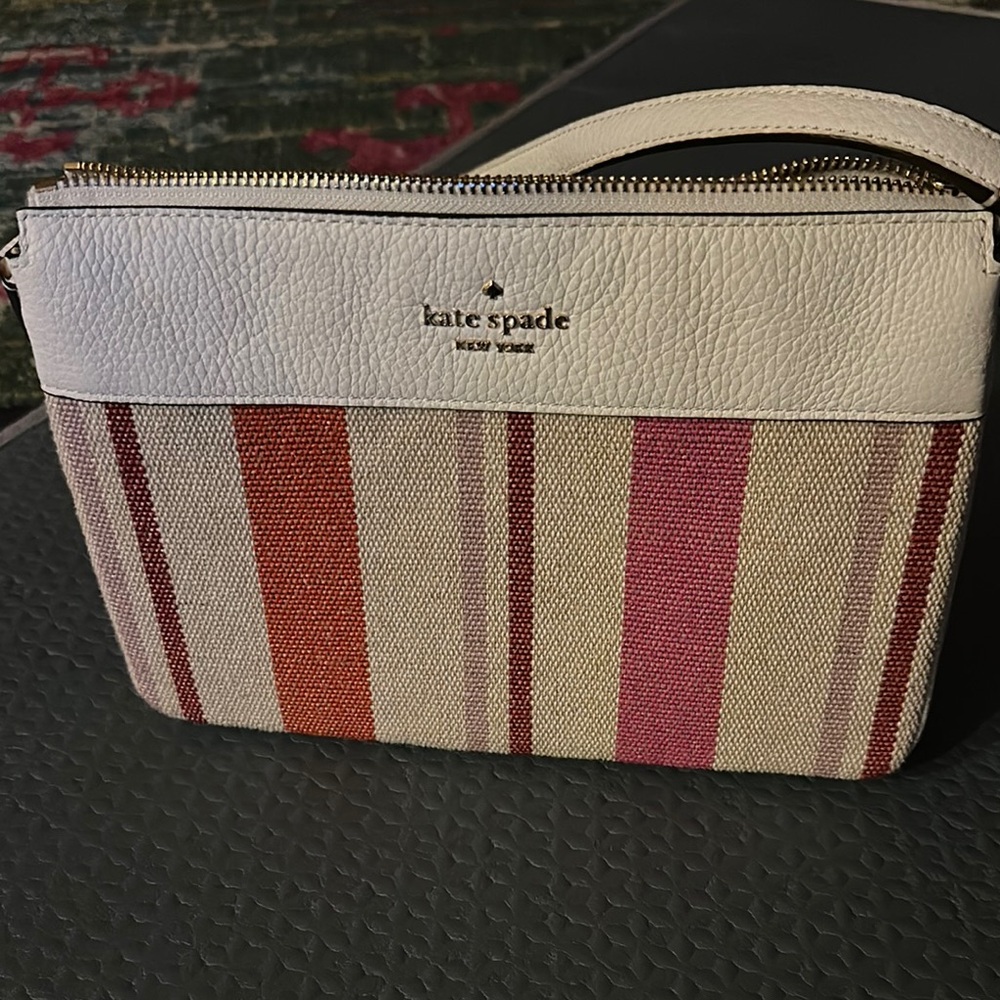 Kate Spade White, Pink, Orange and Red Crossbody Bag with Striking Stripes